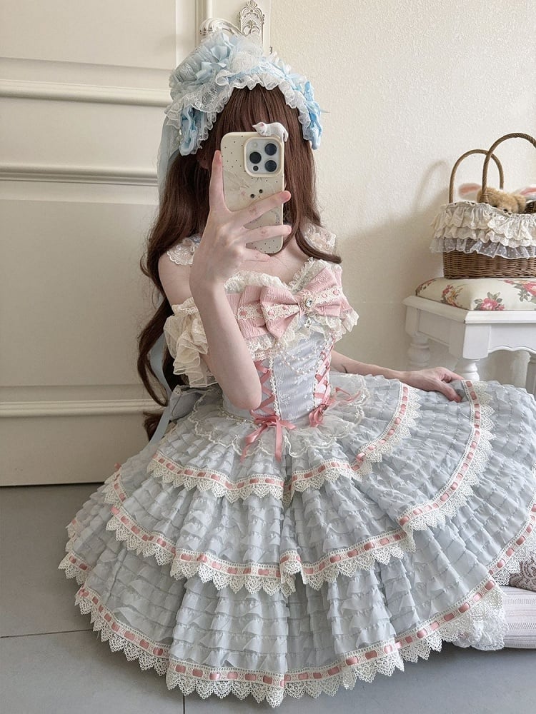 Blue Lolita Lace-up Bead Chain Details with Dress Accent Bow JSK