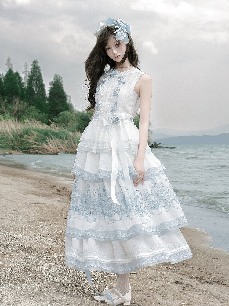 Layered Blue & White Lace Tencel Skirt with Floral Print - Yimu Walnut