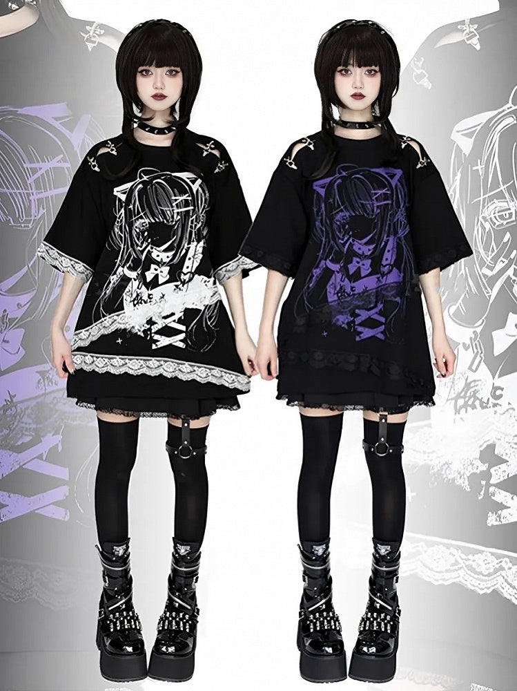 and Fastener Shoulder Anime Girl Graphic T-Shirt Black Decorative Black White / with Lace Embellishment Purple
