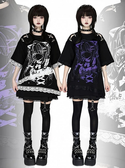 and Fastener Shoulder Anime Girl Graphic T-Shirt Black Decorative Black White / with Lace Embellishment Purple