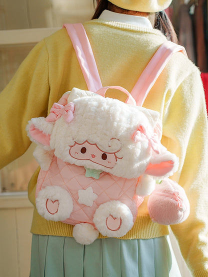 Star Diamond WhitePink Bowknot And Pattern Backpack Plush Flap Decorated Lamb