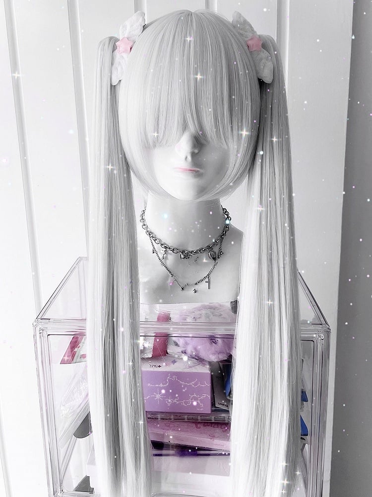 ポニーテール クロークリップ 長さ ダブルウィッグ 前髪 70cm フルショート 30cm ストレート + ホワイト