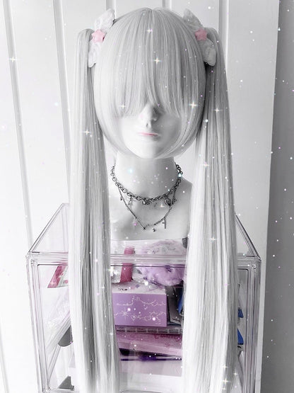 ポニーテール クロークリップ 長さ ダブルウィッグ 前髪 70cm フルショート 30cm ストレート + ホワイト