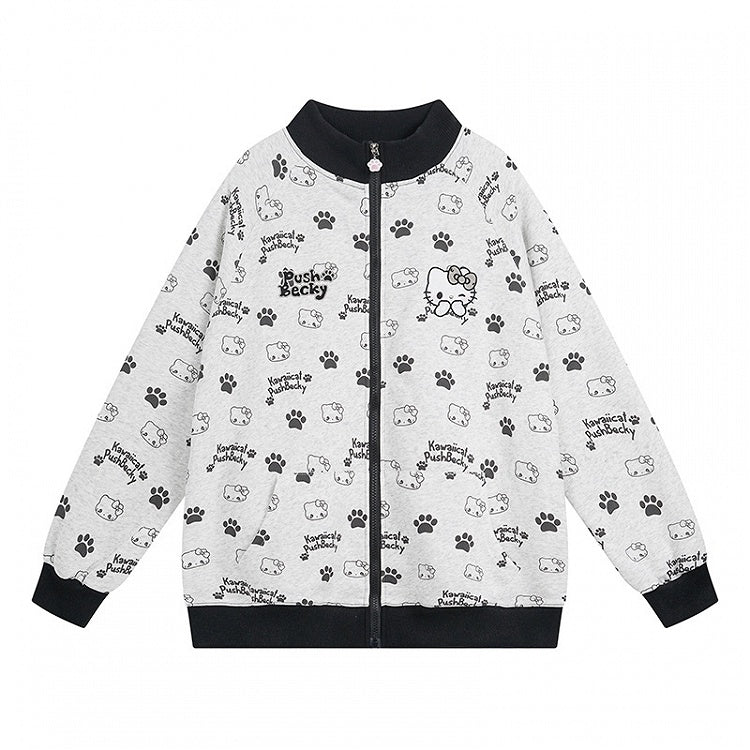 ブラック/ピンク/ライトブルーのキティ柄 ジップアップ スウェットシャツ
