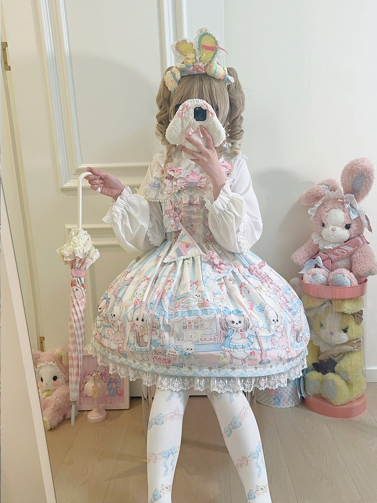 Dress with Print Ribbon Flags Sweet Light Afternoon Tea Yellow Lolita Puppy's