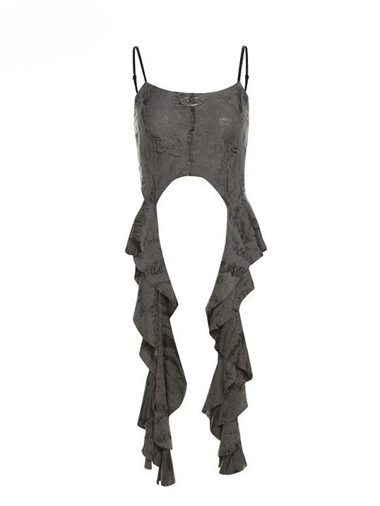 パンクアクセント ラッフルトップ ディストレストディテール ウェイストランド カスケードキャミソール グレー