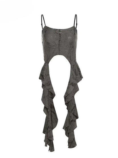 パンクアクセント ラッフルトップ ディストレストディテール ウェイストランド カスケードキャミソール グレー