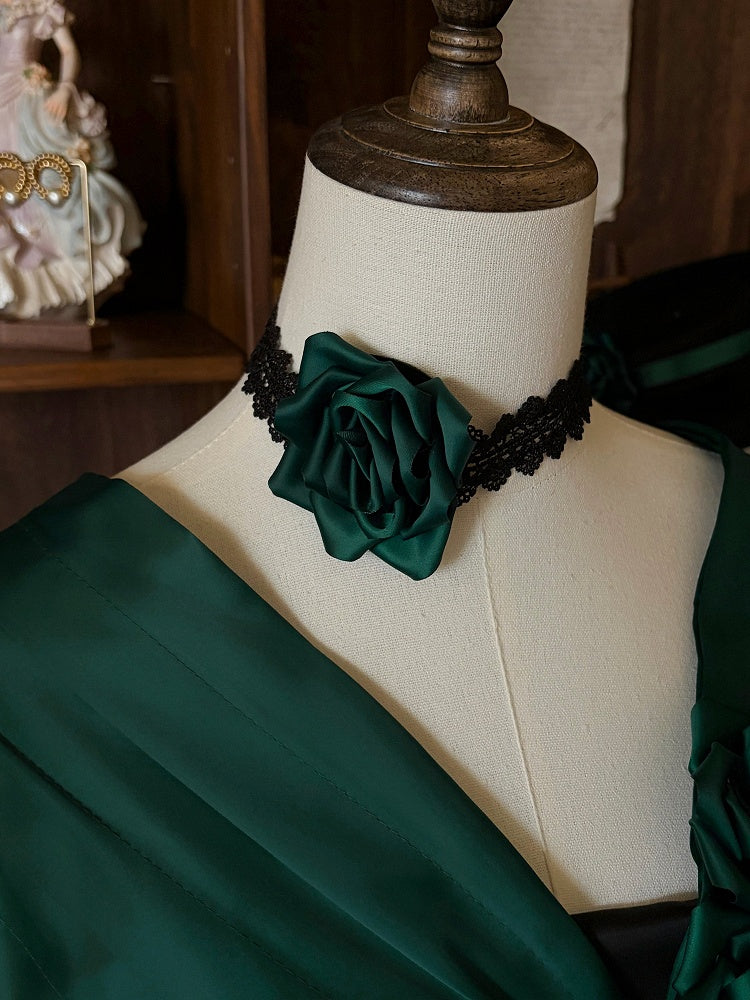 Green Black Roses Off-Shoulder Boned Lolita Set - Treasure Box Factory