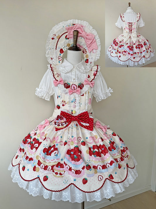 Erdbeerdessert Süßer Print Lolita und Kleid Cremefarbener Overall Weiß