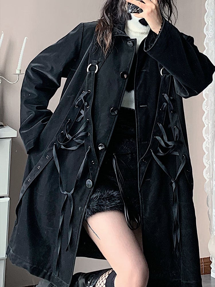 Coat with Loops Lacing Chest Black Crisscross Plush-Lined Punk