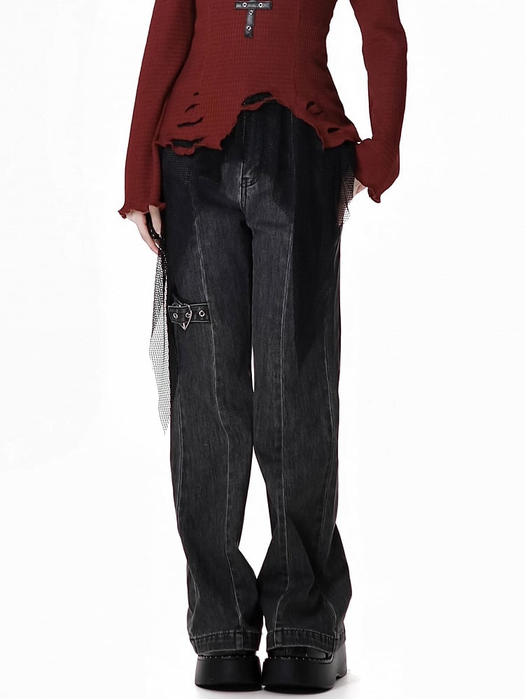 Detail Faded Wash Distressed Graue Schlagjeans mit Herzschnalle