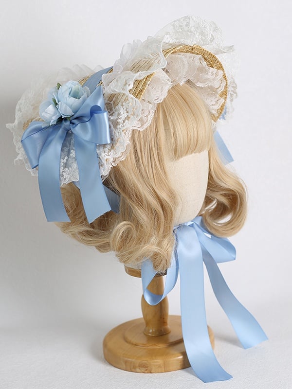 Straw Bowknot Bonnet Lolita Ribbon Colors 7 Lace Country