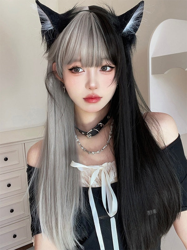 Silver&Black Split Color Long Straight Synthetic Wig With Bangs
