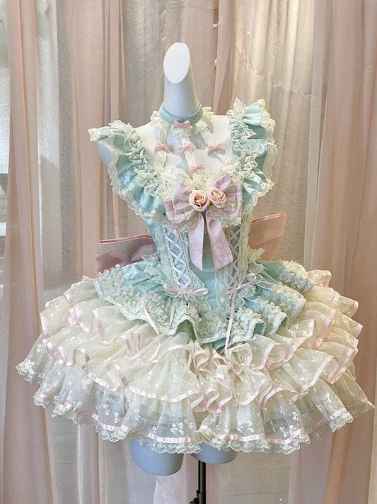 Stufenrock Neckholder Kei Fee Rüschen Hals Korsett Spitze Prinzessin Kleid Taille Mintgrün