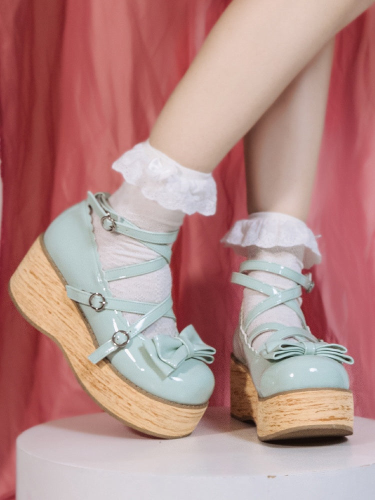 Accents Bow Round Sweet Design Lolita - Mint PU Green Toe Platforms Crisscross