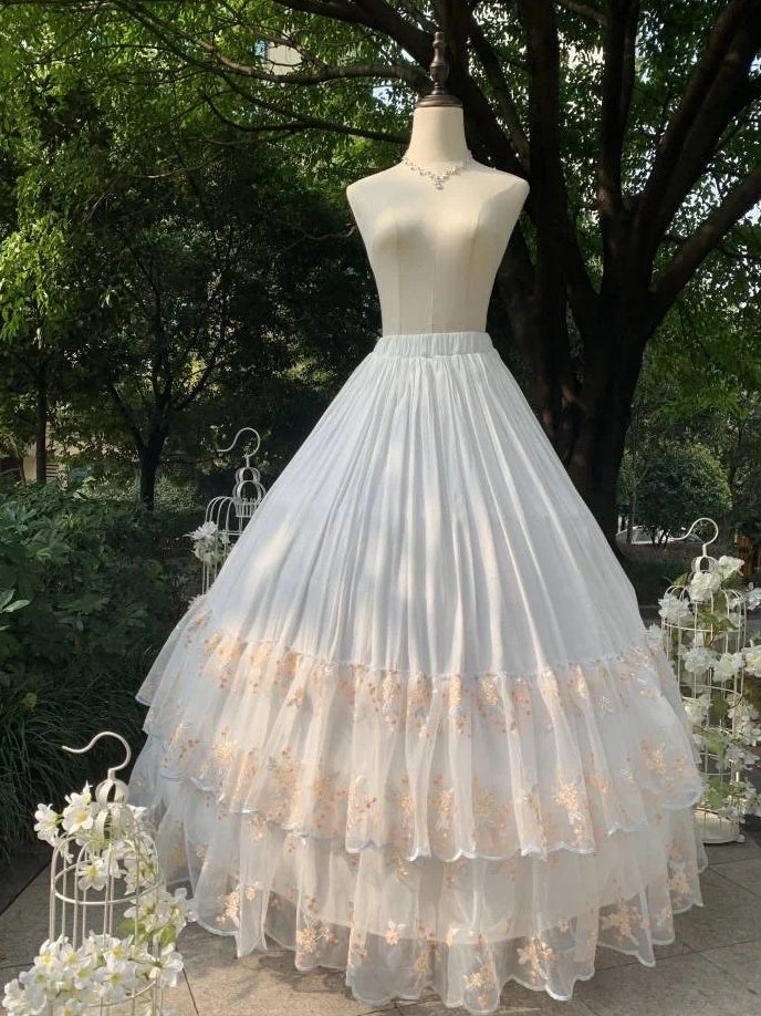Embroidered Floral Apricot Skirt White
