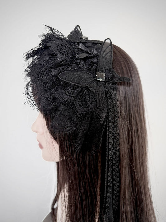 Monochrome Lace Headband with Butterfly Clip - Tachycardia