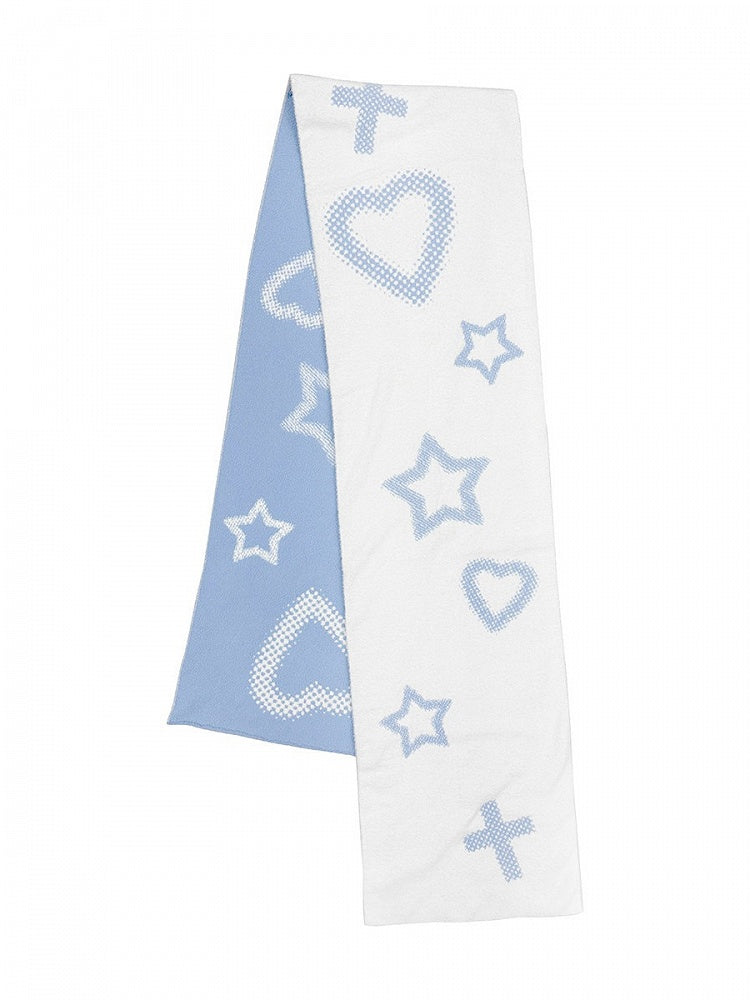 White-Blue Reversible Scarf with Star & Heart Knit - Alita26SS
