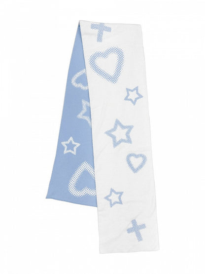 White-Blue Reversible Scarf with Star & Heart Knit - Alita26SS