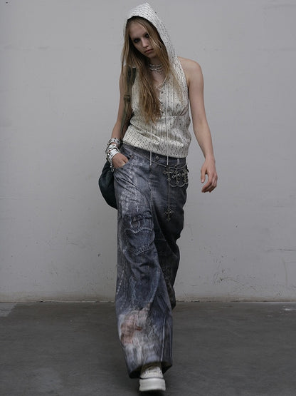 プリントトップ ホワイト スター柄 レースアップ ノースリーブ パーカー ストライプディテール