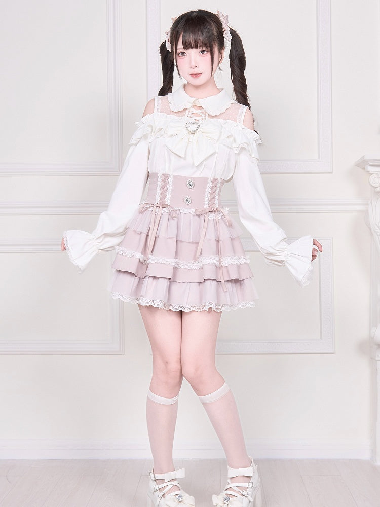 Kei Bluse Ärmel Kalte Schulter Ausschnitt Weiß Lang mit Jirai Illusion Top