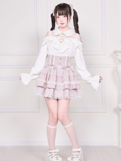 Kei Bluse Ärmel Kalte Schulter Ausschnitt Weiß Lang mit Jirai Illusion Top