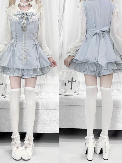 Blue Lace Long Sleeve Dress with Bow & Bead Decorations + Matching Shorts - AOSpace