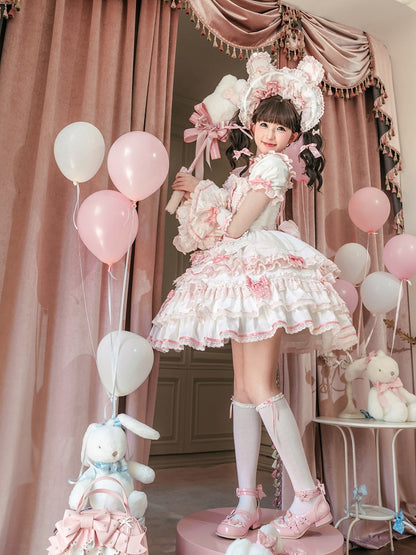 Rüschen Einteiler Rosa Weiß Süßes Prinzessinnen- und Schleifenkleid Thema Lolita Bunny Akzente