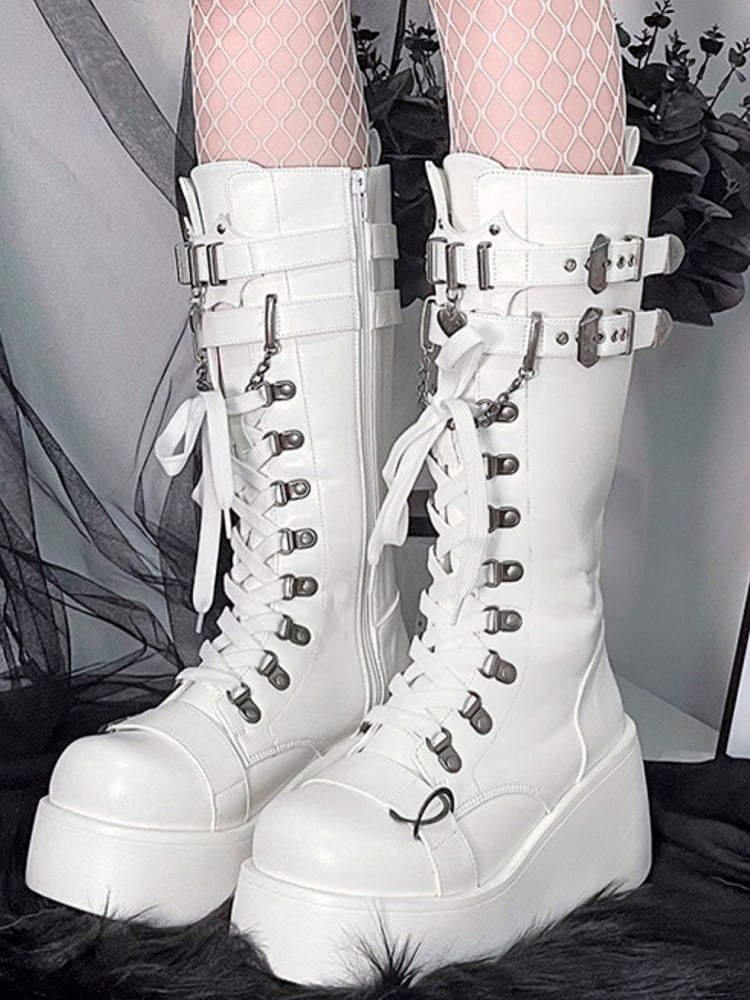 Boots Gothic Buckle Platform PU Accents - White Knee-High