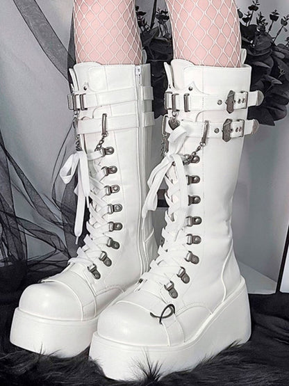 Boots Gothic Buckle Platform PU Accents - White Knee-High