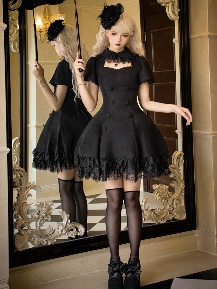 Black Cutout Neckline Short Puff Sleeves Lace Hemline Gothic Lolita Dress