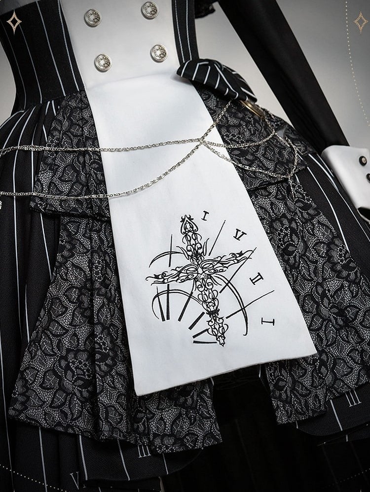 Chain+Pocket Chain+Detachable Collar Watch Embroidery+Waist Cross White Set Full Dress Striped with Nun Lolita Belt+Waist Black