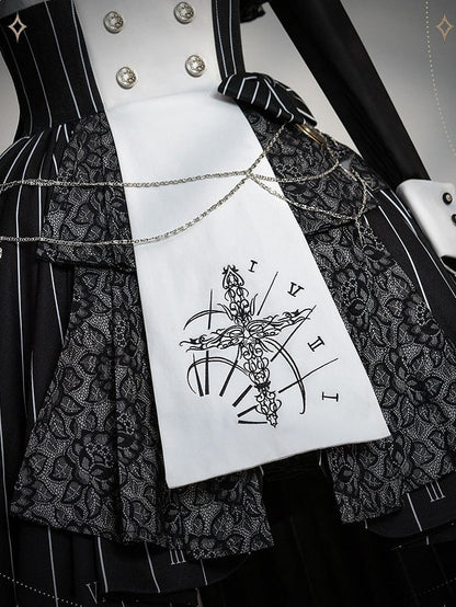 Chain+Pocket Chain+Detachable Collar Watch Embroidery+Waist Cross White Set Full Dress Striped with Nun Lolita Belt+Waist Black