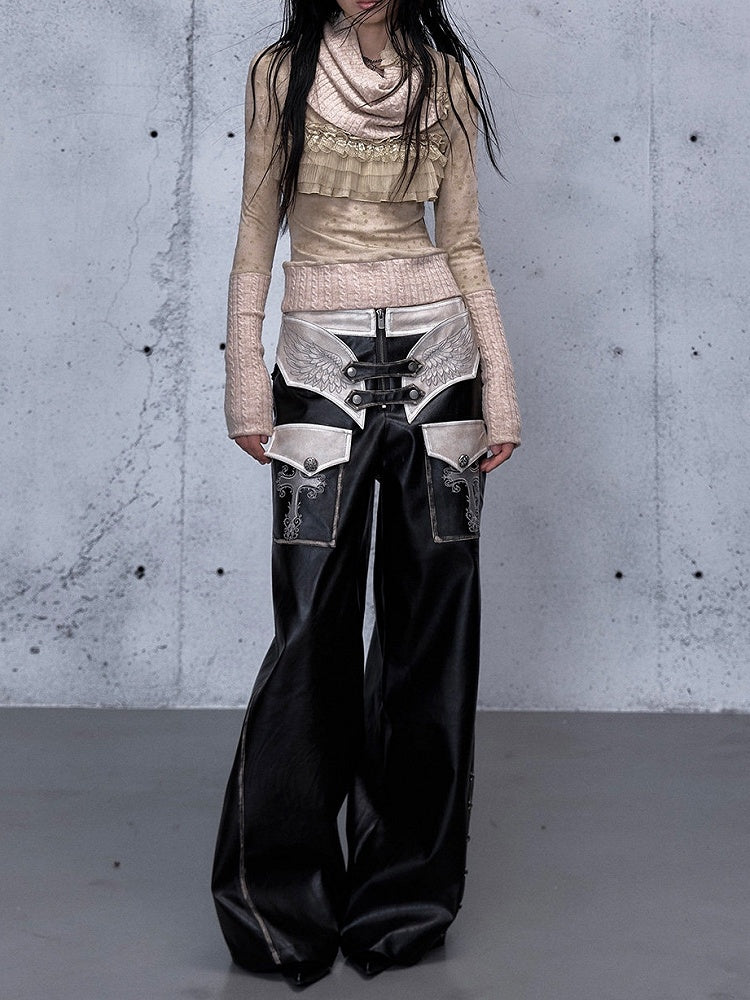 - Wide-leg Pants Punk Black Wing Embroidery