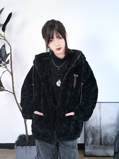 Drawstrings Coat Mythical Chain Cat Beast Metal Gothic with Hooded Ear Black Cheongsam Embroidery