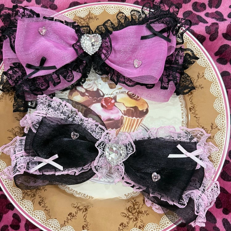Lace Black/Purple Decorated Hairclip Rhinestone Bowknot Trim