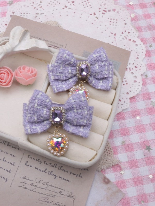 Jirai Tweed Charm Bowknot Heart 6 Hairclip Rhinestone Color Kei Options
