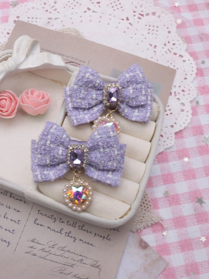 Jirai Tweed Charm Bowknot Heart 6 Hairclip Rhinestone Color Kei Options