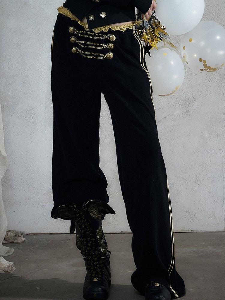 Black & Gold Double-Breasted Straight Leg Sweatpants with Lace Trim, Punk Style - NO ROMANCE