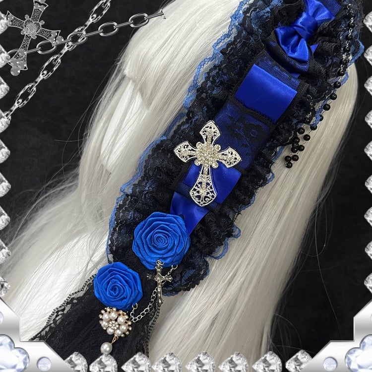 Gothic Hairband Lace Blue Lolita and Black Cross Pearl