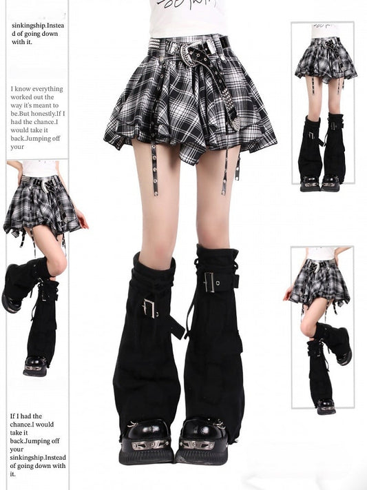 Schwarz-Weiß Gürtel Details Mini - Y2K Rock Plaid Tiered Design Dangling mit