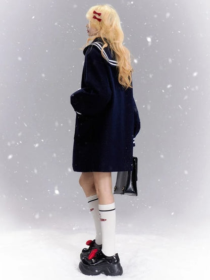 Marineblauer Mantel im Preppy-Stil mit Matrosenkragen