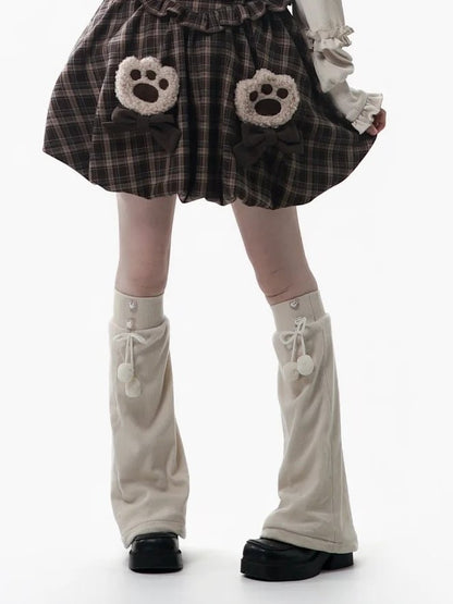Details with Bow Pompon Kawaii Beaded Leg Accents Beige - Charm Knit Warmers
