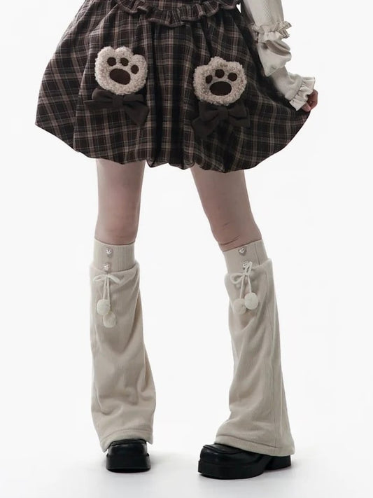 Details with Bow Pompon Kawaii Beaded Leg Accents Beige - Charm Knit Warmers