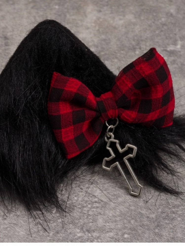 Plaid Black Ear Cat Red With Clip Bowknot Pattern