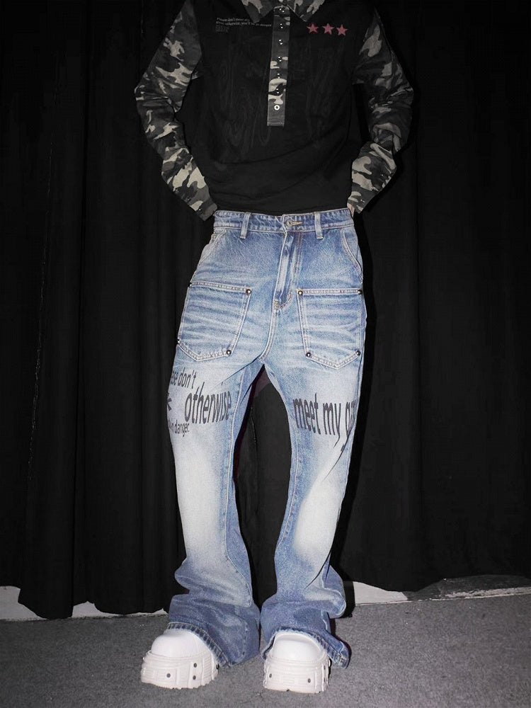 Washed Blue Flared Denim Jeans with Rivet Letter Prints - DETW OnLine