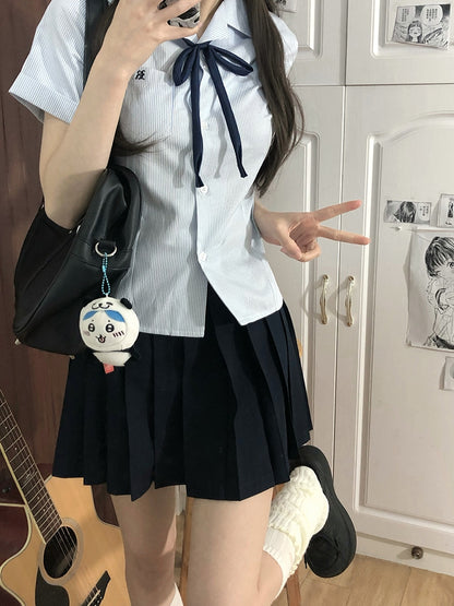 Short Sleeves Preppy Style Uniform Shirt Blue/Gray/Green Striped JK Pattern