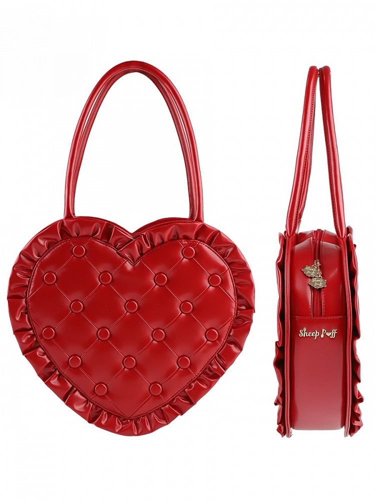 Red Ruffle with Trim Heart Lolita Bag Quilted PU