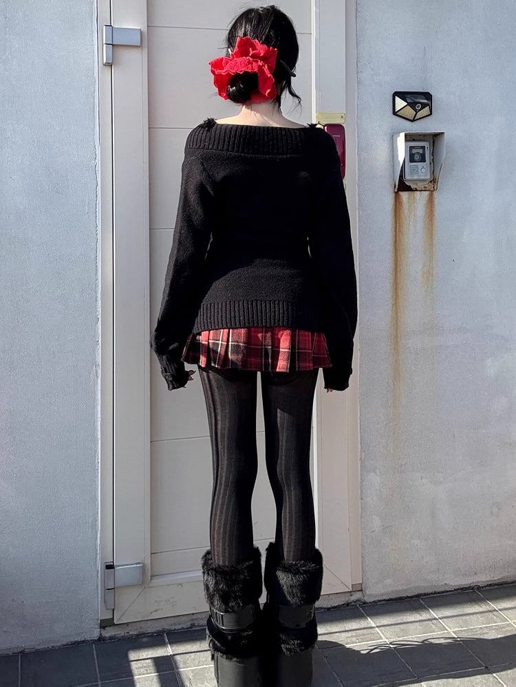 ゴシックレッドクロスチャームチェック柄ウールプリーツミニスカート