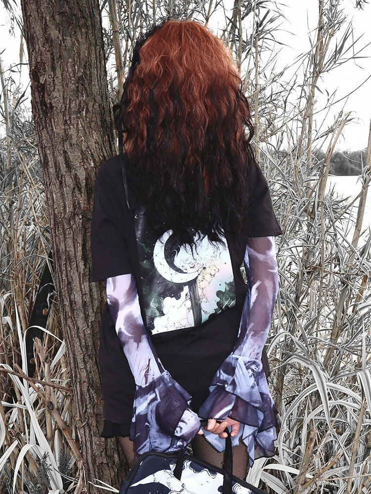 プリントTシャツ ブラック ショート ギャル 漫画 ファッション 袖